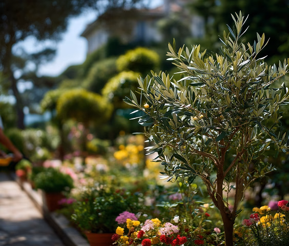 An olive tree stands prominently in the foreground, surrounded by colorful flower beds with various blooming plants. A walking path runs alongside the garden, with lush greenery and decorative shrubs in the background.