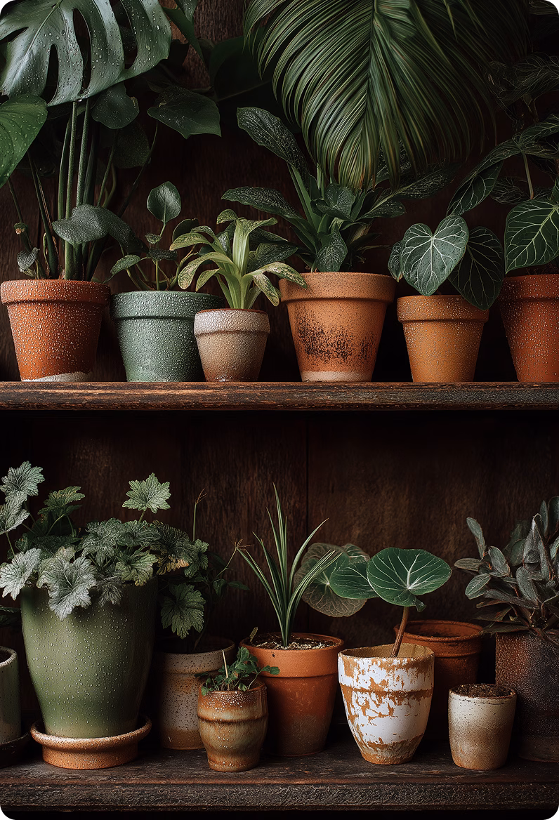 A wooden shelf displaying various potted plants, including ferns and leafy greens. The pots vary in size and color, with some being terracotta and others in light green hues. The background is dark, emphasizing the greenery of the plants.